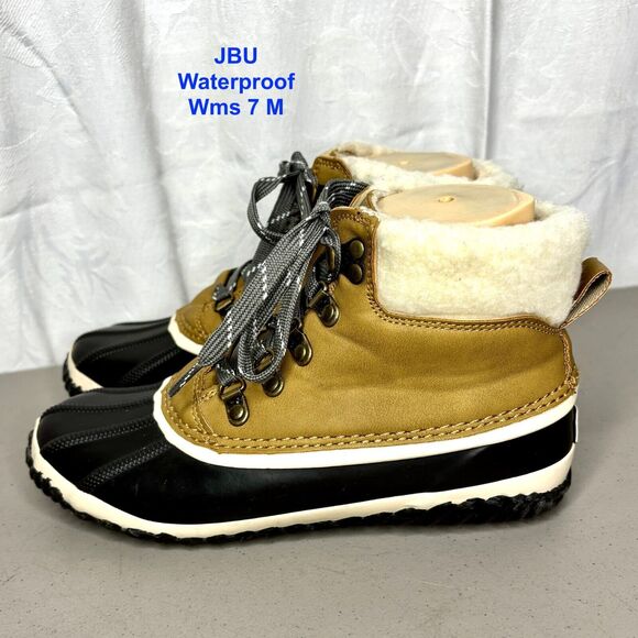 JBU‎ Waterproof Duck Boots Womens Size 7 M Tan Black Lace Up Winter Ankle - Picture 1 of 10